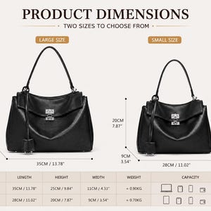 Large leather shoulder bag dimensions guide showing size measurements, black genuine cowhide work tote for women with spacious capacity, office handbag and everyday commuter purse