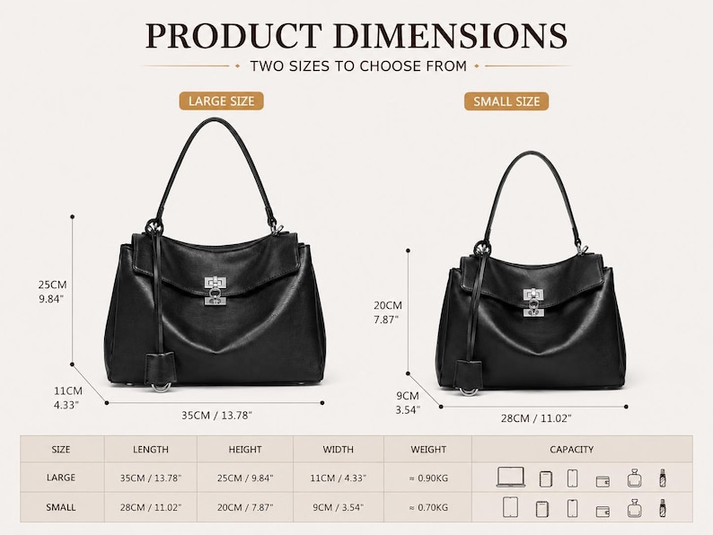 Large leather shoulder bag dimensions guide showing size measurements, black genuine cowhide work tote for women with spacious capacity, office handbag and everyday commuter purse