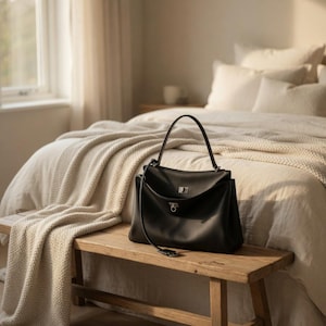 Pu&ograve; includere: Una borsa in pelle nera con manico superiore e tracolla &egrave; appoggiata su una panca di legno. La borsa ha una chiusura a patta con una chiusura color argento. La panca &egrave; in legno chiaro e si trova davanti a un letto con biancheria da letto bianca.
