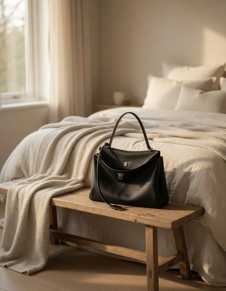 Pu&ograve; includere: Una borsa in pelle nera con manico superiore e tracolla &egrave; appoggiata su una panca di legno. La borsa ha una chiusura a patta con una chiusura color argento. La panca &egrave; in legno chiaro e si trova davanti a un letto con biancheria da letto bianca.