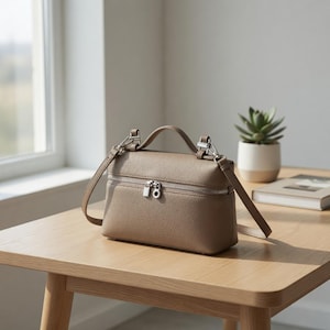 May include: A taupe-colored handbag with a top handle and a detachable shoulder strap. The bag has a rectangular shape with a zippered closure and silver-tone hardware. It sits on a wooden table near a window.