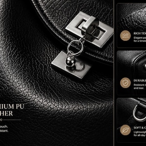 Close up of black genuine cowhide leather texture and lock closure, premium leather handbag material details, luxury women's shoulder bag with durable craftsmanship and elegant finish
