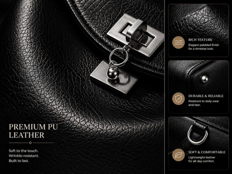Close up of black genuine cowhide leather texture and lock closure, premium leather handbag material details, luxury women's shoulder bag with durable craftsmanship and elegant finish