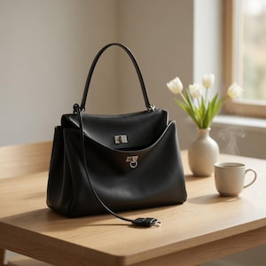 Pu&ograve; includere: Una borsa in pelle nera con manico superiore e tracolla, appoggiata su un tavolo di legno. La borsa ha una chiusura argentata e una chiusura a patta. Un vaso di tulipani bianchi e una tazza di caff&egrave; sono anche sul tavolo.