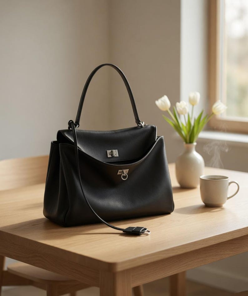 Pu&ograve; includere: Una borsa in pelle nera con manico superiore e tracolla, appoggiata su un tavolo di legno. La borsa ha una chiusura argentata e una chiusura a patta. Un vaso di tulipani bianchi e una tazza di caff&egrave; sono anche sul tavolo.