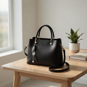 May include: Black leather handbag with top handles and a detachable shoulder strap. The bag features gold-tone hardware and a decorative leaf charm. The bag is sitting on a light wood table.