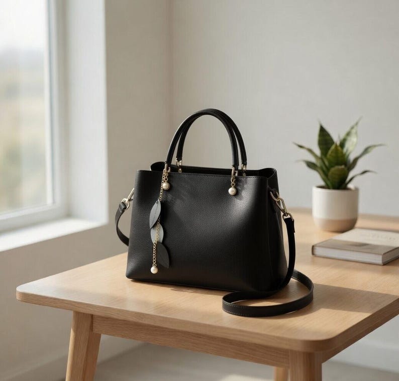 May include: Black leather handbag with top handles and a detachable shoulder strap. The bag features gold-tone hardware and a decorative leaf charm. The bag is sitting on a light wood table.