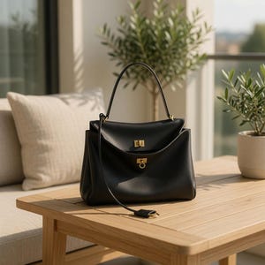 Pu&ograve; includere: Una borsa in pelle nera con manico superiore e finiture color oro. La borsa &egrave; rettangolare con chiusura a patta e una lunga tracolla. &Egrave; appoggiata su un tavolo di legno marrone chiaro, con un cuscino e piante in vaso sullo sfondo.