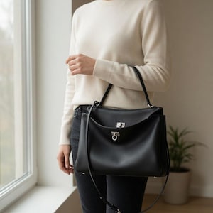 Pu&ograve; includere: Una borsa in pelle nera con manico superiore e chiusura color argento. La borsa ha una forma rettangolare con chiusura a patta e tracolla staccabile. La persona indossa un maglione color crema e jeans scuri.