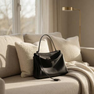 Pu&ograve; includere: Una borsa in pelle nera con manico superiore e finiture argentate &egrave; appoggiata su un divano beige con cuscini soffici e una coperta color crema. La borsa ha una chiusura a patta e una lunga tracolla. La scena &egrave; illuminata dalla luce naturale.