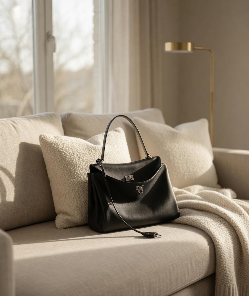 Pu&ograve; includere: Una borsa in pelle nera con manico superiore e finiture argentate &egrave; appoggiata su un divano beige con cuscini soffici e una coperta color crema. La borsa ha una chiusura a patta e una lunga tracolla. La scena &egrave; illuminata dalla luce naturale.