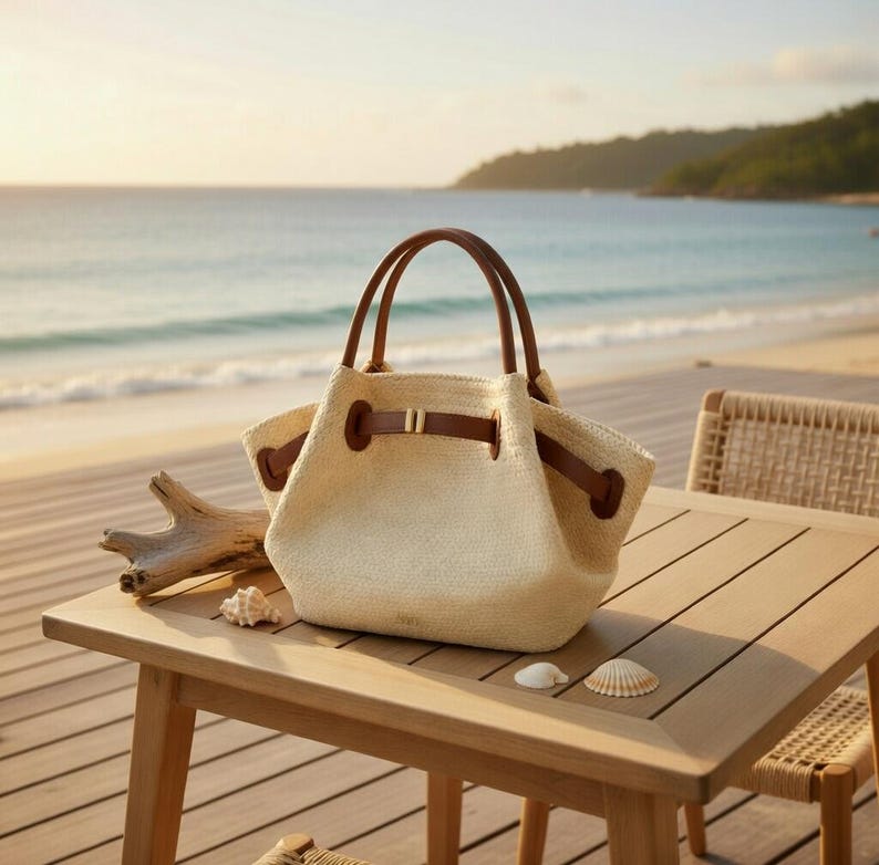 Puede incluir: Un bolso tote tejido beige con asas y detalles de cuero marr&oacute;n est&aacute; sobre una mesa de madera. El bolso tiene un cierre de cord&oacute;n y una peque&ntilde;a hebilla dorada. Conchas marinas y madera flotante tambi&eacute;n est&aacute;n sobre la mesa, con una playa y el oc&eacute;ano al fondo.