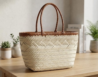 Borsa a cestino intrecciata francese da donna, borsa tote in pelle fatta a mano, elegante borsa a cestino per verdure