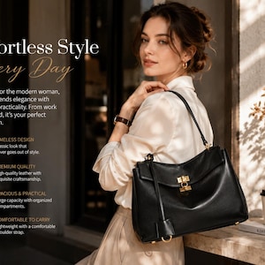Woman carrying a large black leather shoulder bag in a cafe setting, genuine cowhide commuter handbag for work, travel and everyday use, stylish office tote with spacious interior
