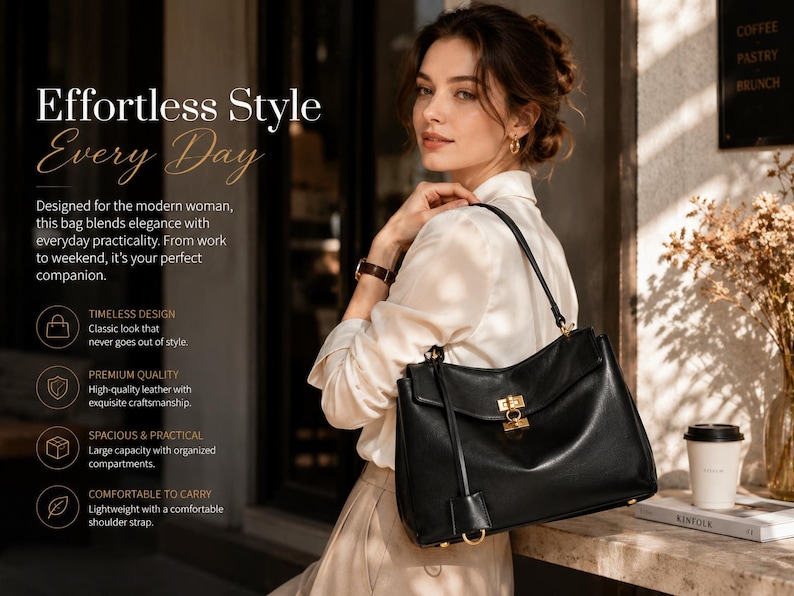Woman carrying a large black leather shoulder bag in a cafe setting, genuine cowhide commuter handbag for work, travel and everyday use, stylish office tote with spacious interior