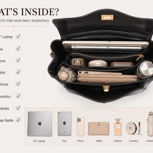 Large capacity black leather handbag interior showing organized compartments for laptop, tablet, wallet, phone, cosmetics and daily essentials, practical women's work tote bag