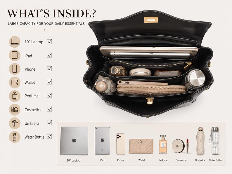 Large capacity black leather handbag interior showing organized compartments for laptop, tablet, wallet, phone, cosmetics and daily essentials, practical women's work tote bag