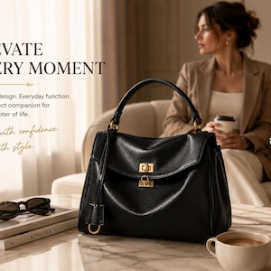 Luxury black leather handbag with gold hardware displayed in an elegant living room setting, genuine cowhide shoulder bag for women, sophisticated work tote and travel purse