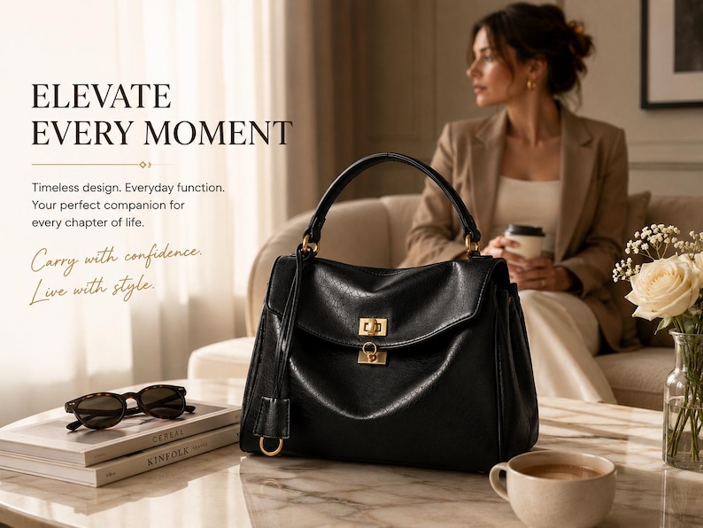 Luxury black leather handbag with gold hardware displayed in an elegant living room setting, genuine cowhide shoulder bag for women, sophisticated work tote and travel purse