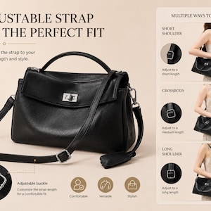 Black genuine leather shoulder bag with adjustable strap options, shown as shoulder bag and crossbody purse, versatile women's commuter handbag for work and daily use
