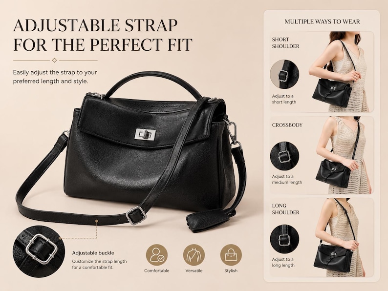 Black genuine leather shoulder bag with adjustable strap options, shown as shoulder bag and crossbody purse, versatile women's commuter handbag for work and daily use