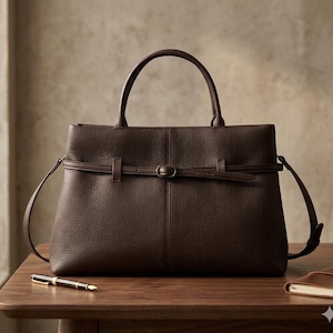 Peut inclure: Un sac à main en cuir marron foncé à texture grainée, doté de deux anses supérieures, d'une fine sangle horizontale avec une petite boucle en métal sur le devant et d'une bandoulière amovible fixée sur les côtés du sac.