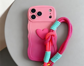 iPhone Hülle mit Handschlaufe, Farbverlauf Herz iPhone Hülle für iPhone 17 16 15 14 13 12 11 Pro Max Plus Cute Love Cover