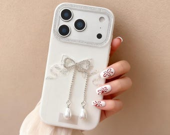 koreanische Perle Bogen Herz iPhone Hülle, süße Strass Diamant Handyhülle für iPhone 13 14 15 16 17 Pro Max, ästhetische Girly Schutzhülle