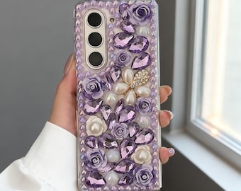 Luxus Lila Strass Blumen Hülle für Samsung Galaxy Z Fold 7 6 5 4 3 Bling Perle Floral Crystal Clear Phone Case