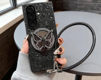 Luxus Diamant Schmetterling Spiegel Handyhülle für Samsung Galaxy Z Fold 7 6 5 4 3 mit Kettengurt | Sparkly Strass stoßfeste Fold-Abdeckung