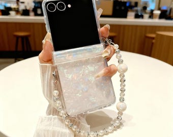 Luxus Muschel Perlen Armband Handyhülle für Samsung Galaxy Z Flip 7 6 5 4 3 Perle Handgelenk Kette Acryl Hard Cover Cute Z Flip Case