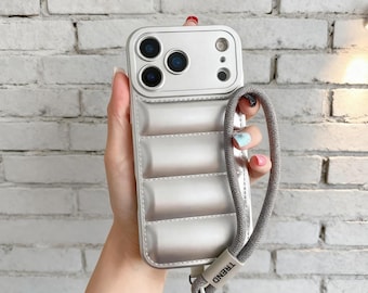 Luxus Kugelfisch Daunenjacke iPhone Fall weiche Kissen Bumper Cover mit Strap für iPhone 17 Air 17 Pro Max 16 15 14 13