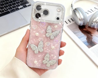 Strass Schmetterling iPhone Hülle mit Handschlaufe, Glitter Laser Shell Handyhülle für iPhone 17 16 15 14 13 12 11 Pro Max Niedliche Luxusabdeckung