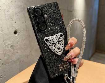 Luxus Diamant Leopard Handy Hülle für Samsung Galaxy Z Fold 7 6 5 4 Bling Strass Tier Hülle mit Handschlaufe