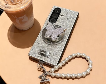 Luxus Glitter Magnetische Handyhülle für Samsung Galaxy Z Fold 7 6 5 4 3 Schmetterling Stand Kette Wrist Strap Fold Cover