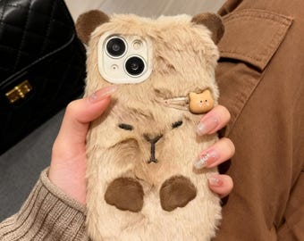 Niedliche Capybara Flauschige iPhone Hülle, Plüsch Tier Handyhülle für iPhone 11 12 13 14 15 16 17 Pro Max Plus XR XS SE, Weiche Fell Schutzhülle