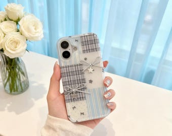 Elegante Schleife Handyhülle für iPhone 16 15 14 13 12 11 Pro Max Plus, karierte Stern Charm Hülle, süße ästhetische Handyhülle