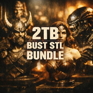May include: A digital art bundle featuring busts of a Viking, Wonder Woman, and an Alien. The text overlay reads "2TB BUST STL BUNDLE" in a bold, sans-serif font. The image has a sepia tone, giving it a vintage or antique feel.
