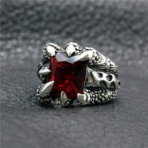 925 Sterling Silver Handmade America Retro Punk Ruby Zircondragon Claw & Cross Ring