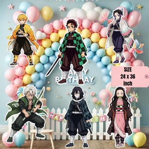 May include: A set of six Demon Slayer character cutouts featuring Tanjiro, Nezuko, Zenitsu, Shinobu, Giyu, and Sanemi, each in their signature attire and poses, with a pink rectangular sign indicating a size of 24 x 36 inches for the display.