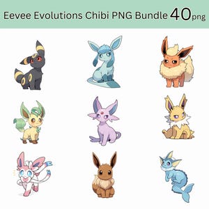 May include: A digital art bundle featuring nine different Eevee evolution characters in a chibi style. Each character has unique colors and designs, including Umbreon, Glaceon, Flareon, Leafeon, Espeon, Jolteon, Sylveon, Eevee, and Vaporeon. The text "Eevee Evolutions Chibi PNG Bundle 40 png" is at the top.