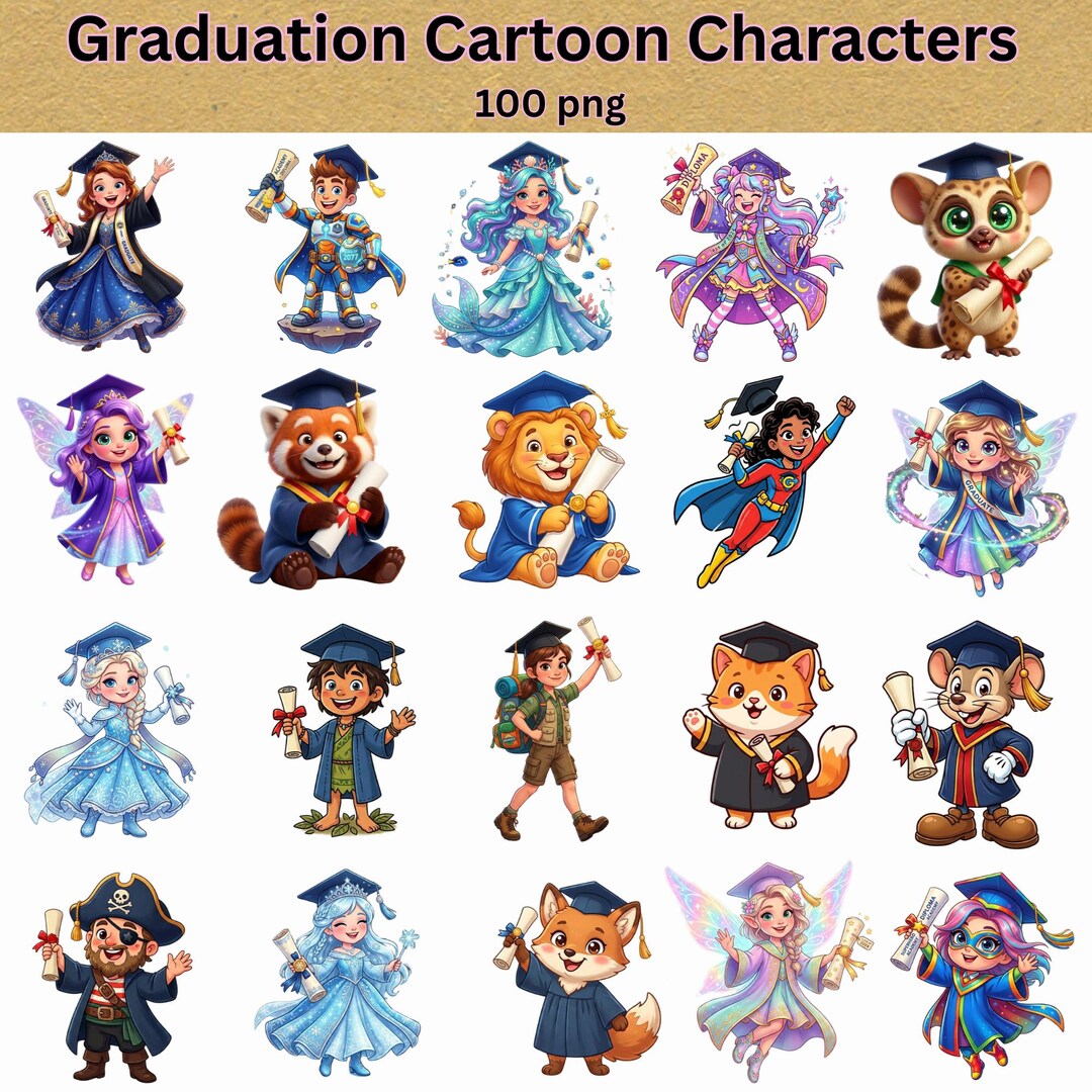 Graduation Cartoon Characters PNG Bundle | Graduate Clipart | Senior ...