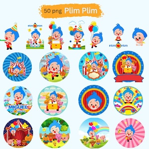 Op de afbeelding: Een verzameling van 50 PNG-afbeeldingen met Plim Plim, een cartoon clown karakter. De afbeeldingen tonen Plim Plim in verschillende poses, met ballonnen en in circus-thema's. De afbeeldingen zijn in een verscheidenheid aan cirkelvormige en rechthoekige ontwerpen.