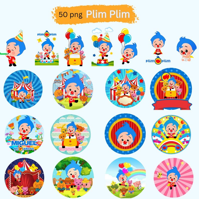 Op de afbeelding: Een verzameling van 50 PNG-afbeeldingen met Plim Plim, een cartoon clown karakter. De afbeeldingen tonen Plim Plim in verschillende poses, met ballonnen en in circus-thema's. De afbeeldingen zijn in een verscheidenheid aan cirkelvormige en rechthoekige ontwerpen.