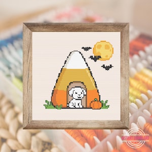 Beagle-Halloween-Kreuzstichmuster | Hundehütte aus Zuckermais | Gruseliges Herbst-Hundemuster (PDF) | Halloween-Kreuzstich
