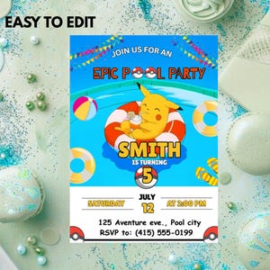 May include: A rectangular party invitation featuring a yellow character in a red and white striped pool float on blue water. Text reads: JOIN US FOR AN EPIC POOL PARTY, SMITH IS TURNING 5, JULY 12 AT 2:00 PM, 125 Aventure eve., Pool city, RSVP to: (415) 555-0199.