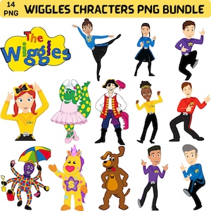 May include: A PNG bundle featuring various characters from The Wiggles. The images include the Wiggles logo, a ballerina, a pirate, a dinosaur, a dog, a unicorn, and several Wiggles members in colorful outfits. The text at the top reads "Wiggles Characters PNG Bundle".