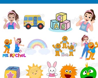 May include: A collection of colorful PNG images featuring characters and objects from the children's show, Ms. Rachel. Includes a yellow school bus, alphabet blocks, a rainbow, and various cartoon characters. The text "20 MS RACHEL PNG BUNDLE" is at the top.