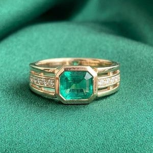 Vintage Emerald Diamond Rectangular Ring 14K Gold Plated Silver Minimalist Luxury Gift For Men's