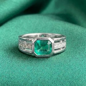 Vintage Emerald Diamond Rectangular Ring 14K Gold Plated Silver Minimalist Luxury Gift For Men's